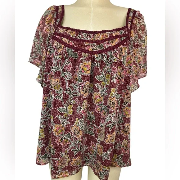 Loft Short Sleeve Lined Floral Burgundy Women's Top XL - Picture 1 of 4